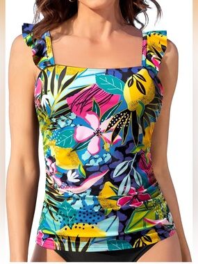 Tropical Floral Square-Neck Tankini Top - Bright Multicolor